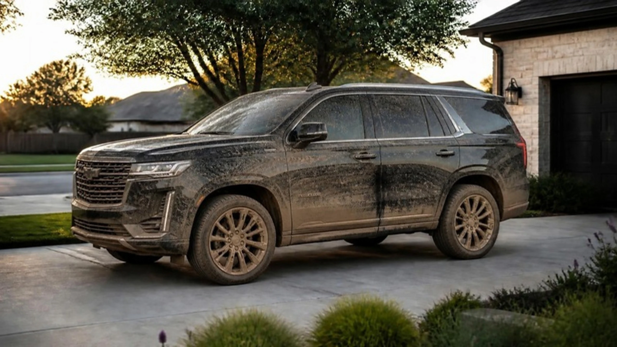 AI-generated illustration of a dirty SUV covered in dust and mud